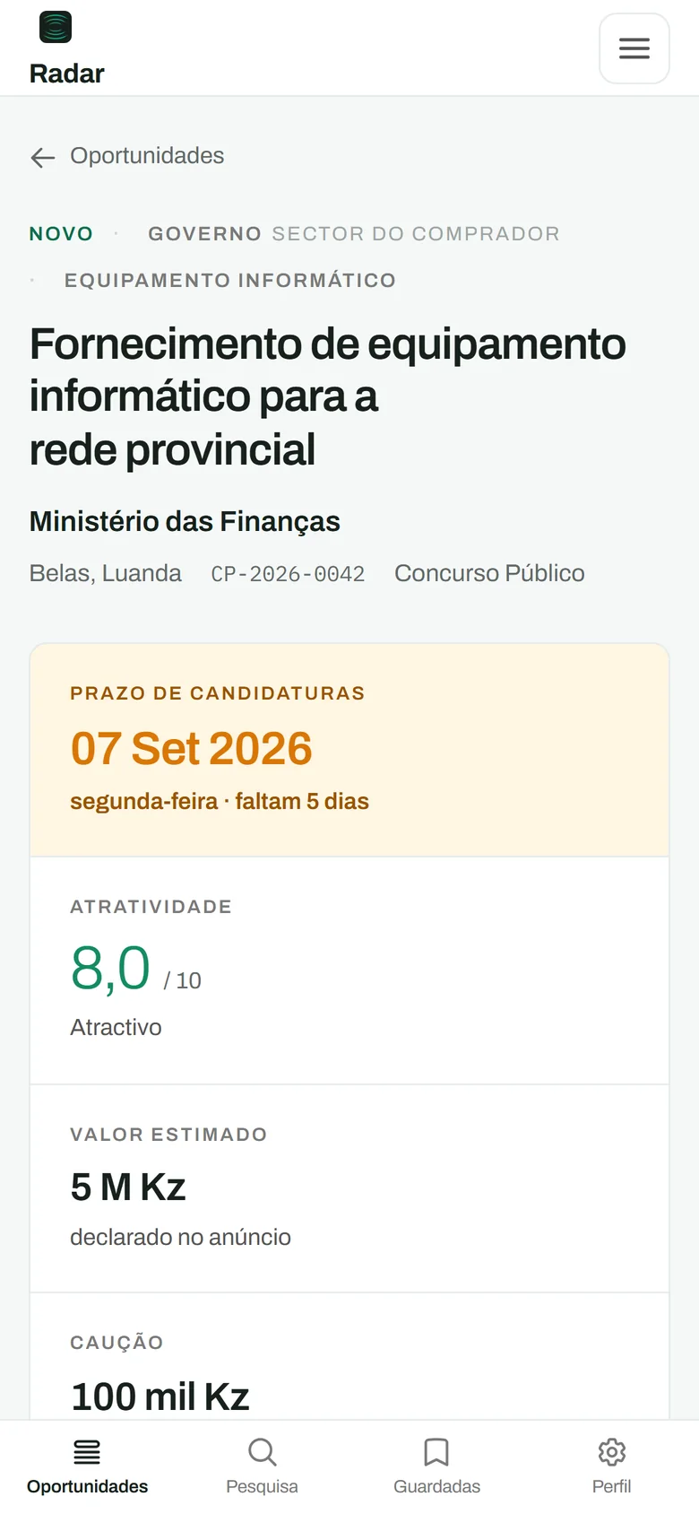 O detalhe de um concurso no Radar no telefone.
