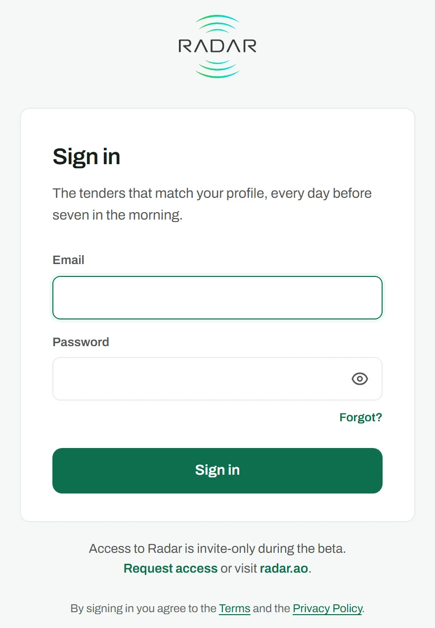 Radar's sign-in screen.