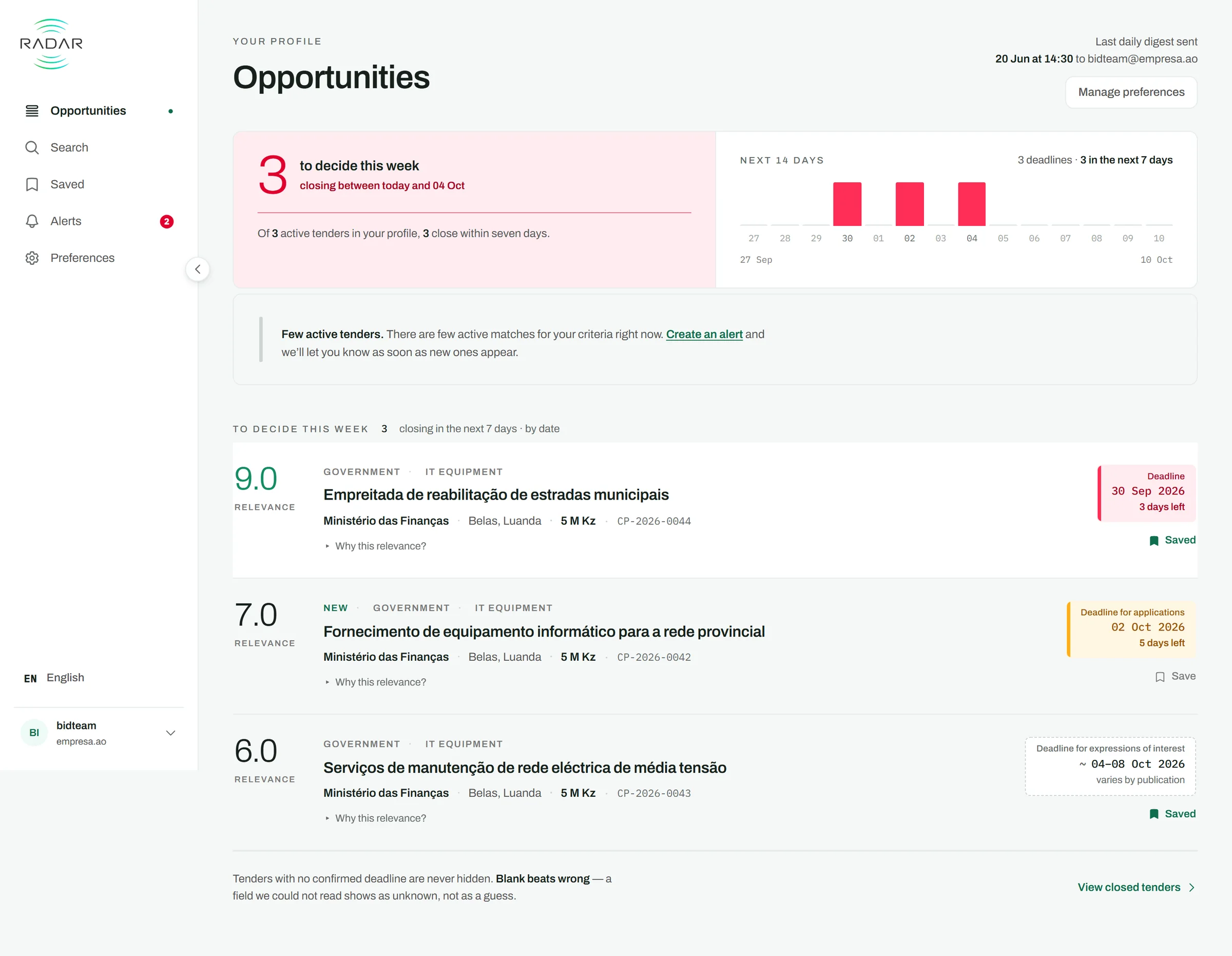 Radar's Opportunities panel: the tenders that match a profile, sorted by relevance, each with its deadline.