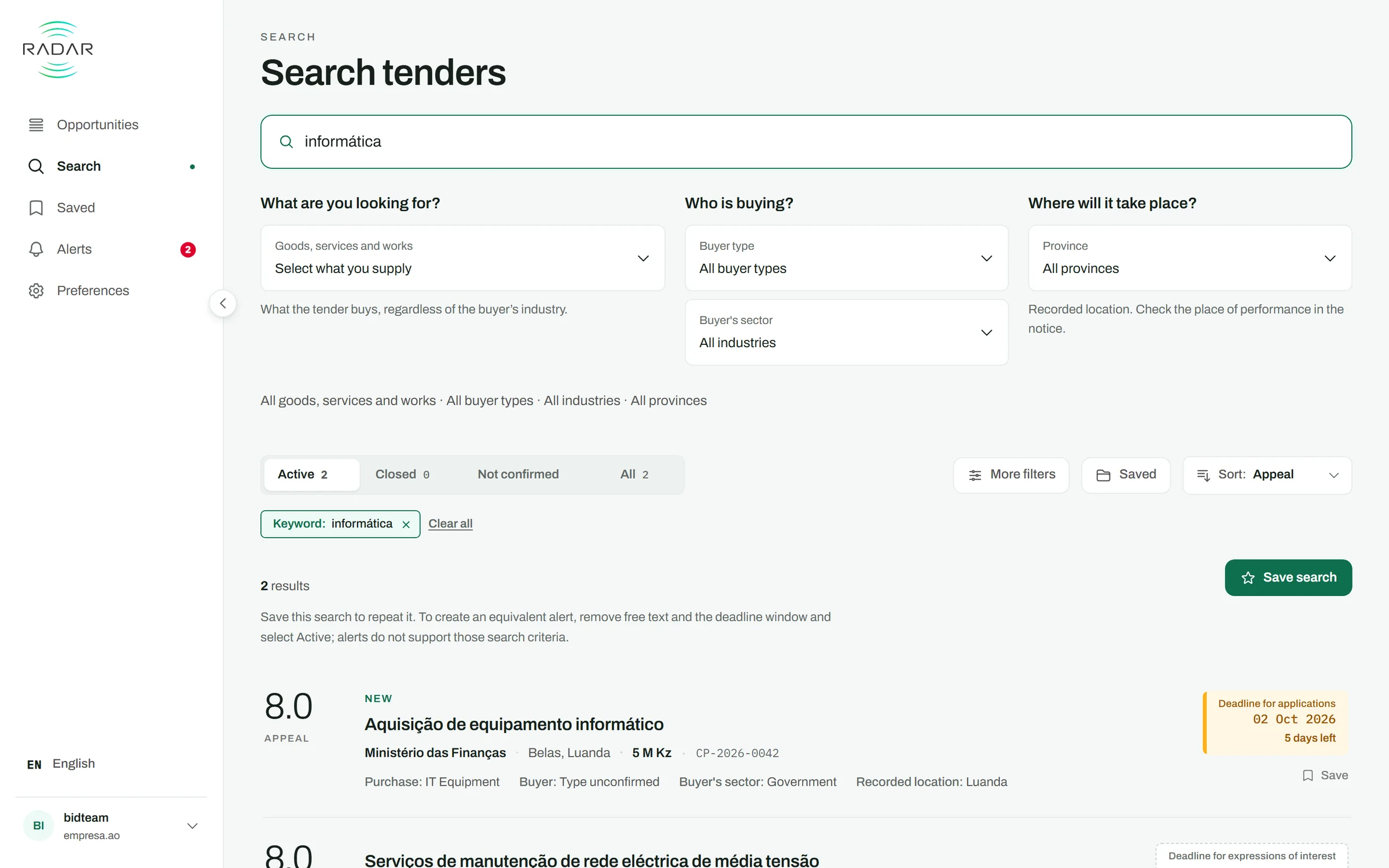 Radar's search screen: a term typed in, the filters for what the tender buys, who is buying and where, and the results with their score and deadline.