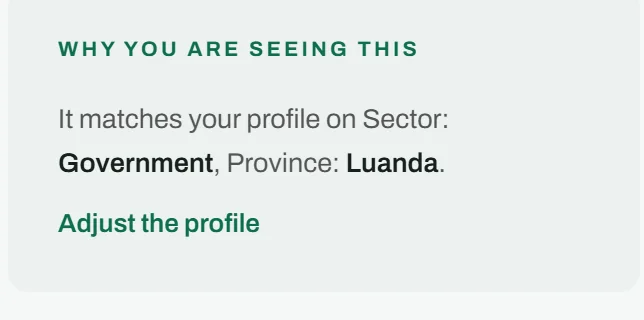 The «Why you are seeing this» panel, which names the industry and the province that made the tender match.