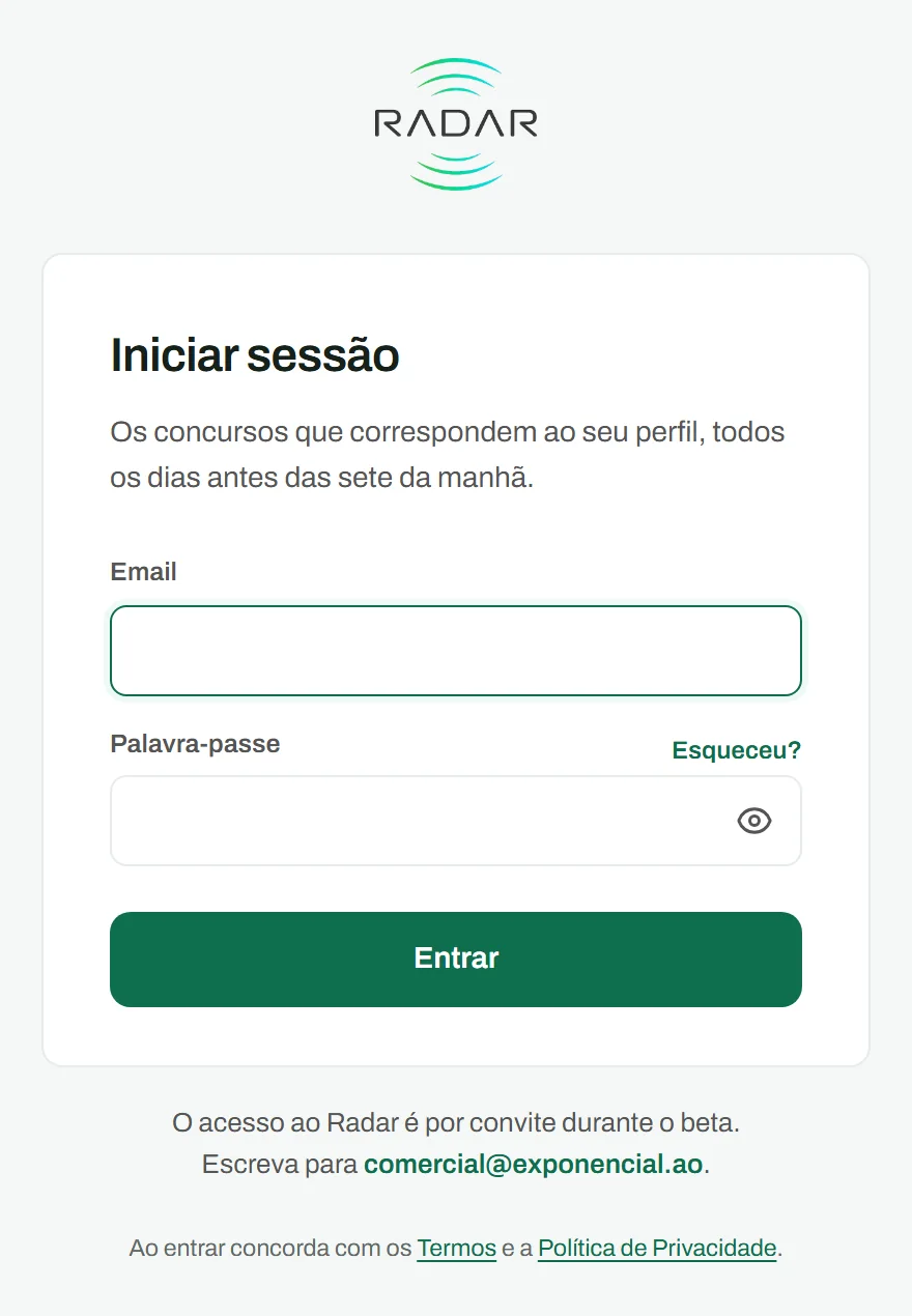 O ecrã de entrada do Radar.