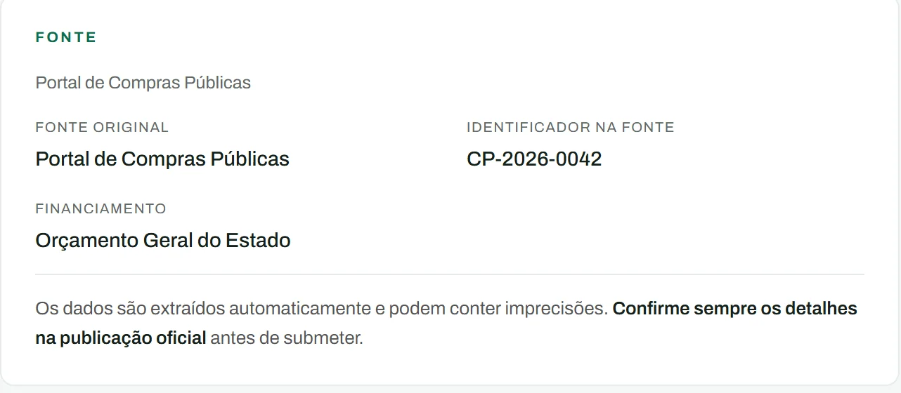 O painel Fonte no detalhe de um concurso: a fonte, o identificador que ela lhe deu e o financiamento.