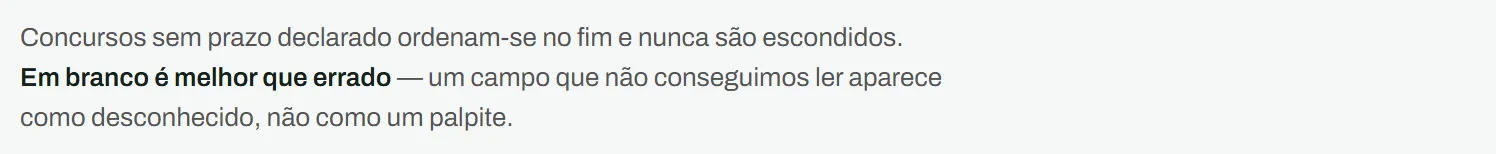Nota do produto: os concursos sem prazo declarado ordenam-se no fim e nunca são escondidos; em branco é melhor que errado.