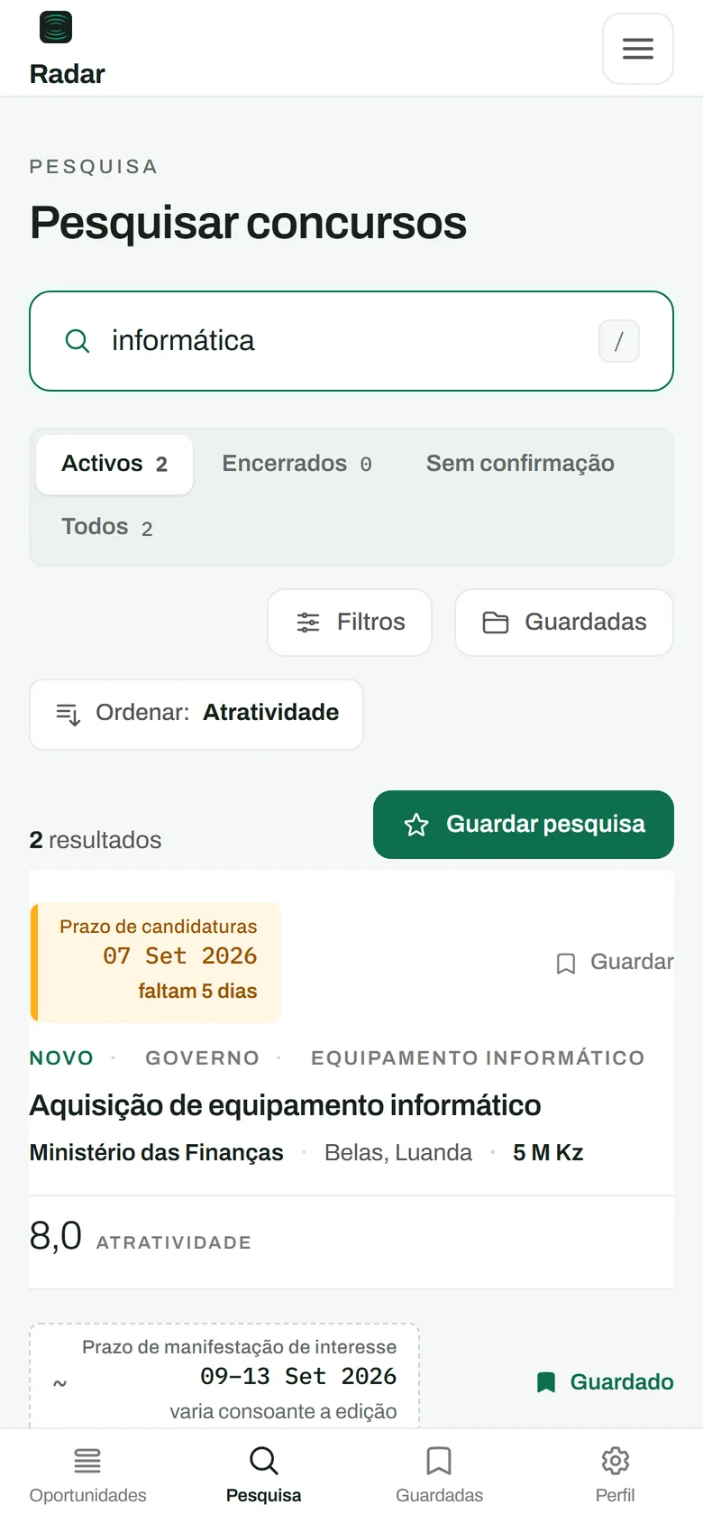 O ecrã de pesquisa do Radar no telefone.