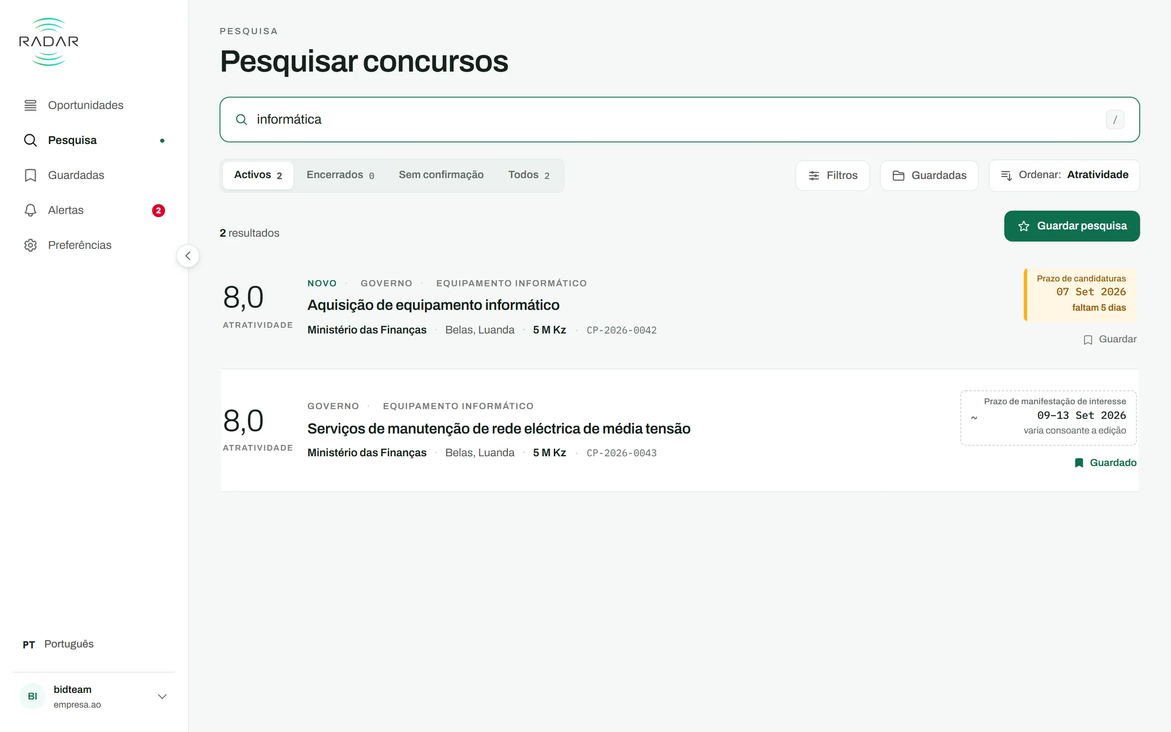 O ecrã de pesquisa do Radar: um termo escrito, os separadores Activos, Encerrados, Sem confirmação e Todos, e os resultados com a sua nota e o seu prazo.