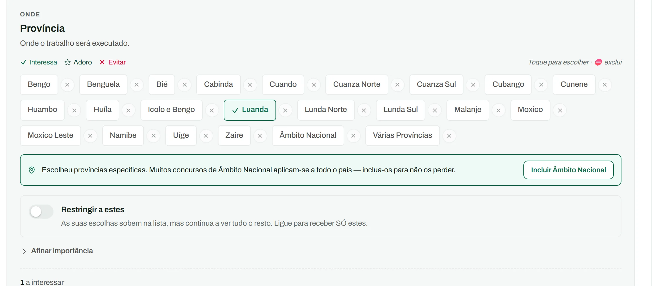 As preferências do Radar: o eixo Província, com as suas opções e um aviso sobre concursos de âmbito nacional.